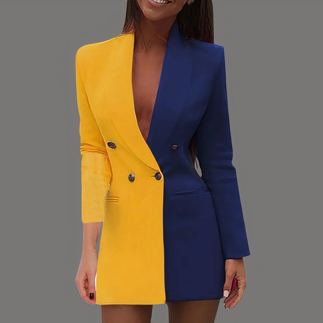 Elegantes zweifarbiges Damen Mini-Kleid im Blazer-Stil. Vielseitig für Frühling, Sommer, Büro & Abend.