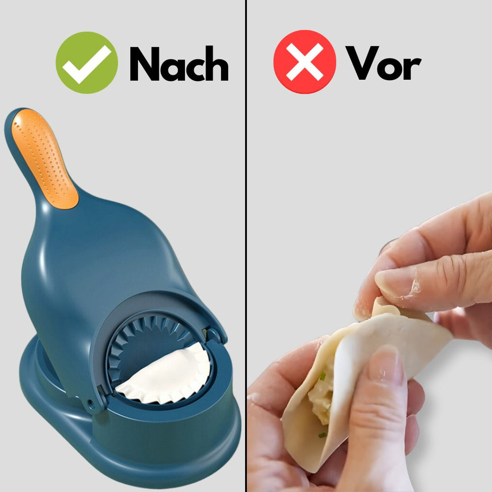 Manueller Küchenhelfer DumplingMaster, der Teig presst und perfekte hausgemachte Teigtaschen formt.