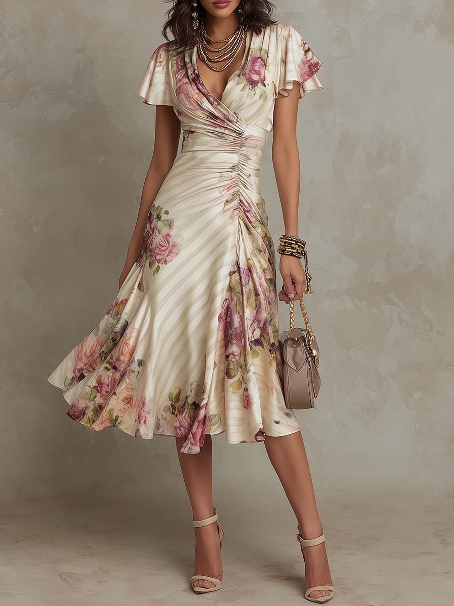 Damen Blumenmuster Midi-Kleid in Wickeloptik & A-Linie für Frühling & Sommer. Elegant & festlich.