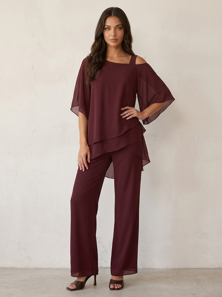 Damen Chiffon-Ensemble, stilvoller Zweiteiler für Hochzeiten oder elegante Sommerpartys.