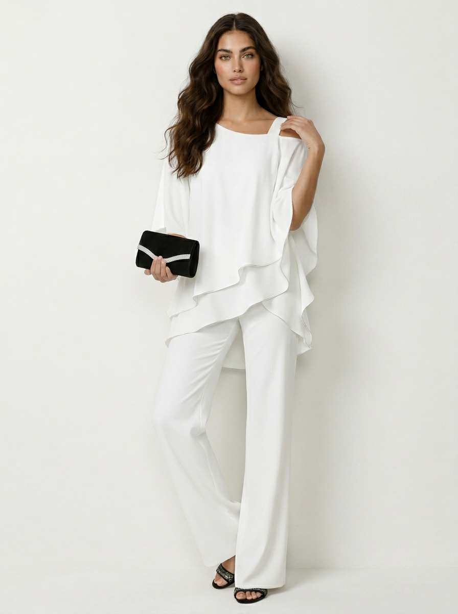 Schwarzes Damen Chiffon-Set, festliches Outfit, bequemer Zweiteiler für Abendveranstaltungen.
