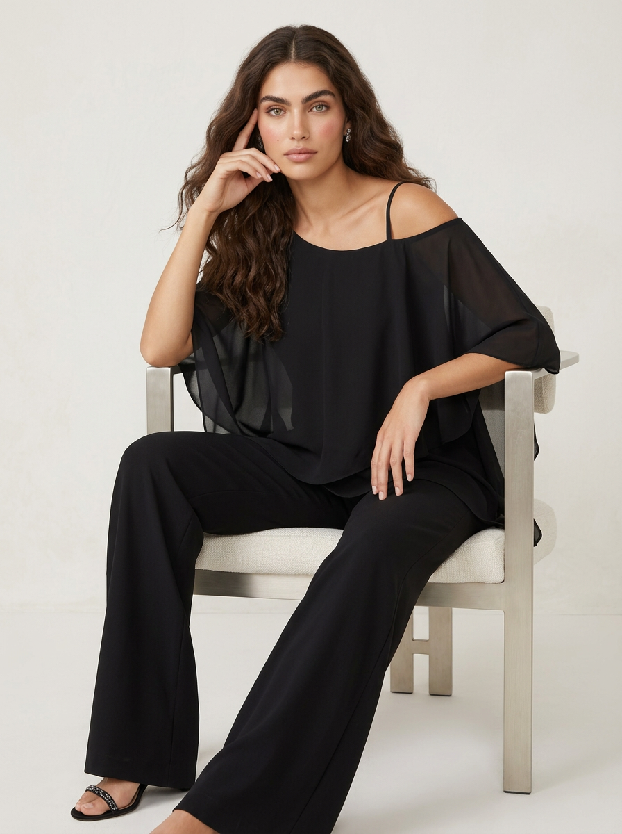 Damen Chiffon-Blusen-Hosen-Set, fließender Zweiteiler, ideal für festliche Events und Komfort.