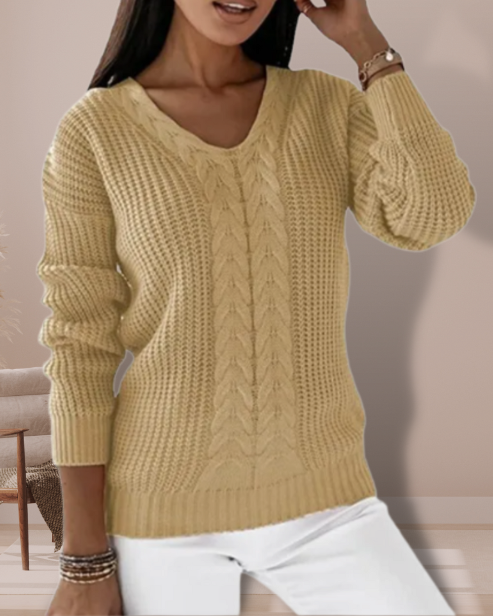 Vielseitiger Damen-Strickpullover mit V-Ausschnitt; weich, bequem und ideal für den Alltag oder elegante Anlässe.