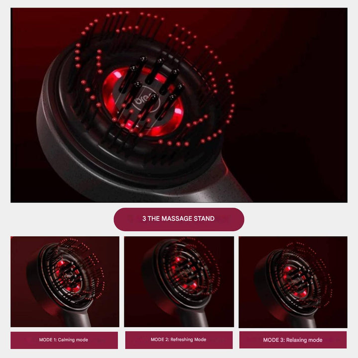 Grau-rote elektrische Kopfhautmassagebürste mit LED-Licht. Unterstützt Haargesundheit, Entspannung & Stressreduktion.