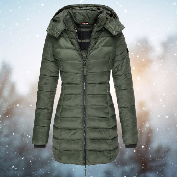 Damen Winter Parka, elegant und warm, Seitenansicht. Modische Kapuzenjacke für kalte Tage & Freizeit.