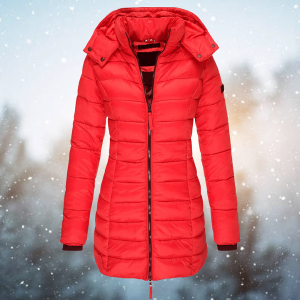 Nahaufnahme des strapazierfähigen, warmen Materials vom eleganten Damen Winter Parka mit schützender Kapuze.