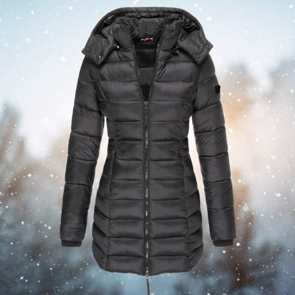 Frau trägt eleganten & warmen Damen Winter Parka mit Kapuze. Perfekte Winterjacke für Outdoor & Freizeit.