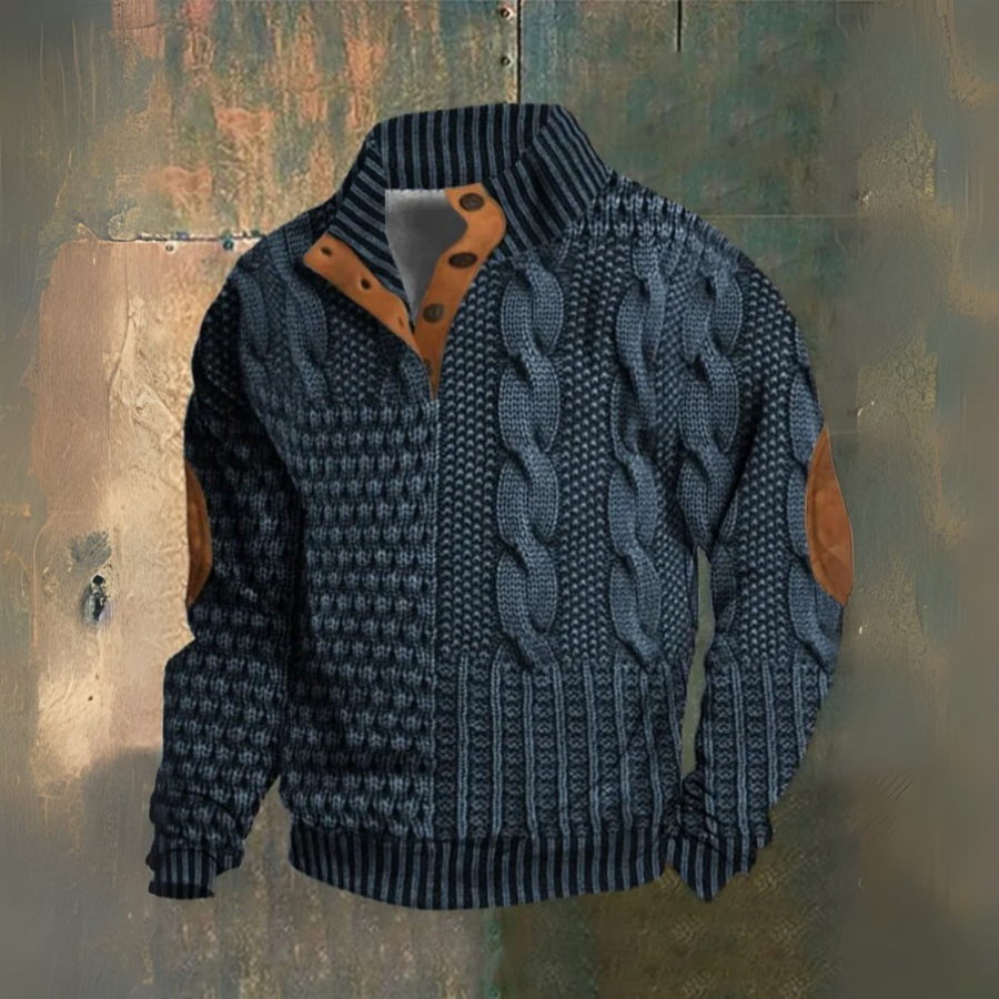 Stilvoller Herren Pullover mit Zopfmuster und Patchwork-Akzenten. Der Knopfkragen rundet den Look ab. Casual Mode.
