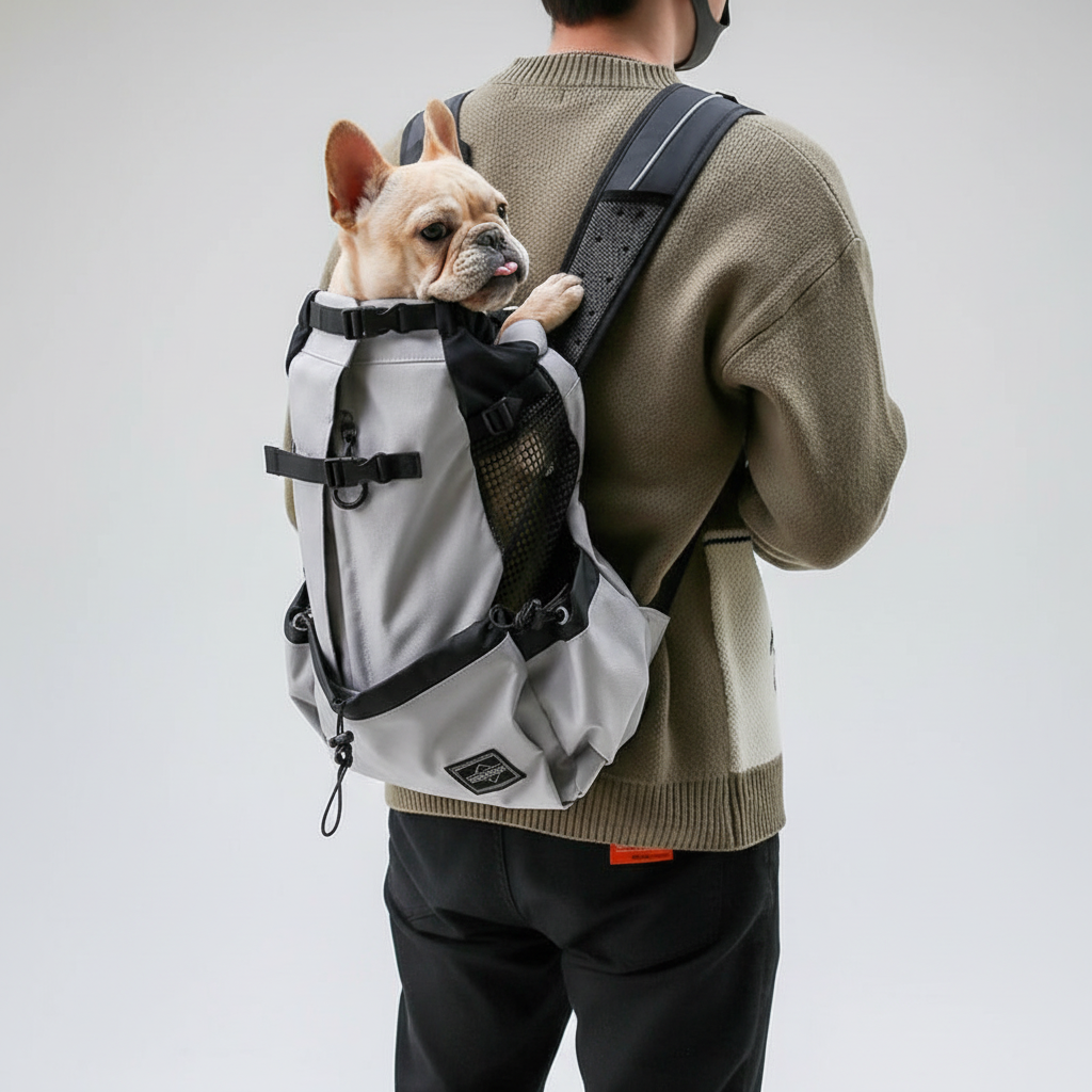 Hund im ergonomischen CompanionPack Rucksack, genießt die Aussicht beim Hundeausflug in der Natur, atmungsaktiv.