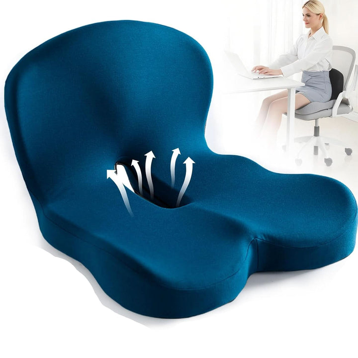 Schwarzes ergonomisches Sitzkissen. Rutschfest und unterstützend für Büro & Stuhl.
