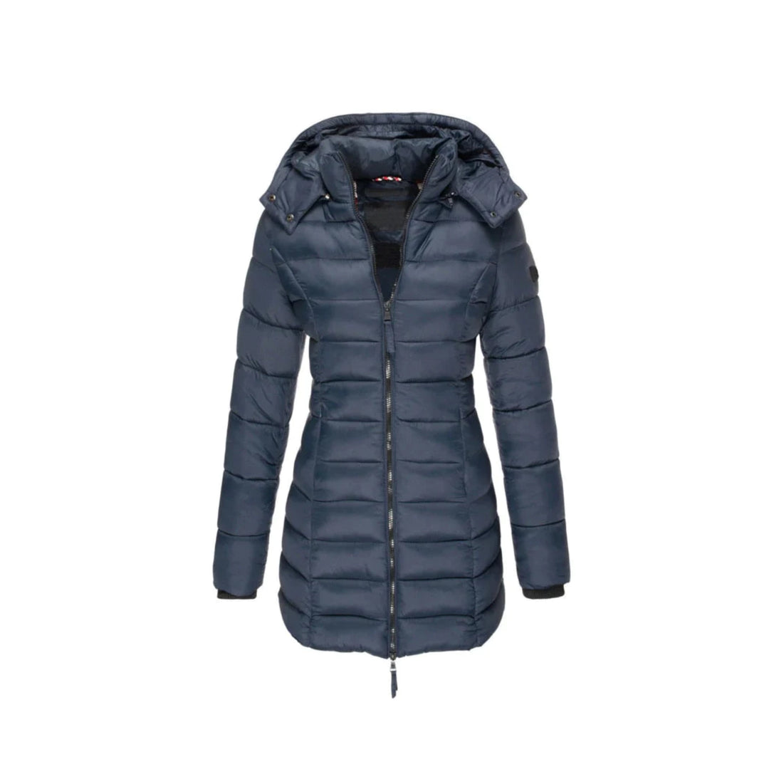 Trendige Damen Winter Pufferjacke, wasserabweisend, warm gefüttert, stylisch für kalte Tage.