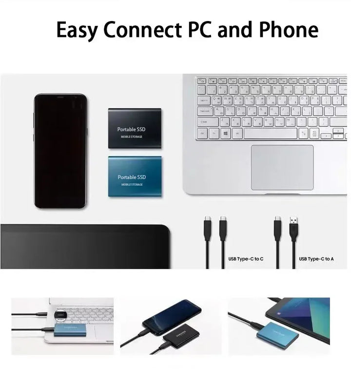 Detailaufnahme der StorePro 2 TB externen SSD mit USB-C Anschluss für universelle Kompatibilität.