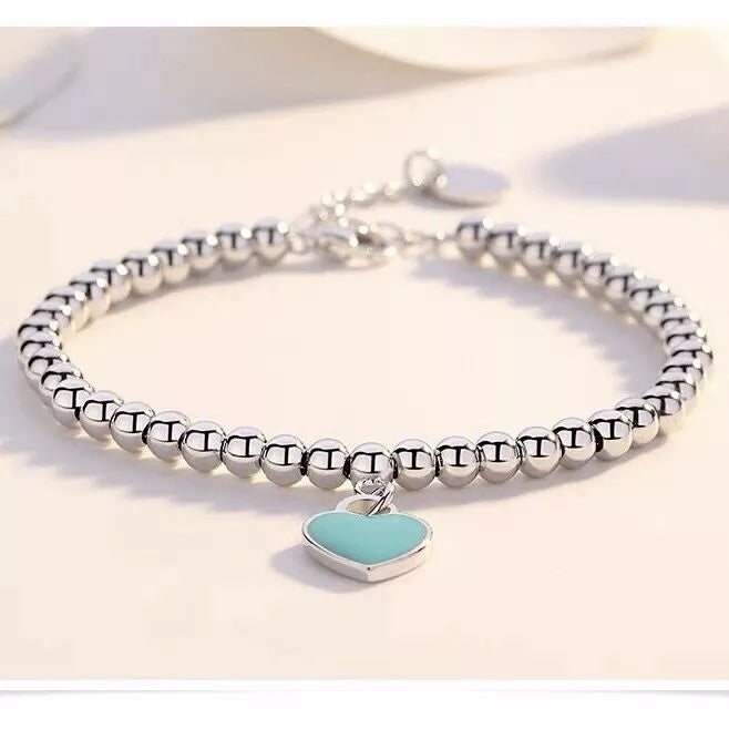 Damen Perlen-Herz-Armband mit blauem Emaille-Finish. Elegantes 925 Sterling Silber Damenarmband, perfektes Geschenk.