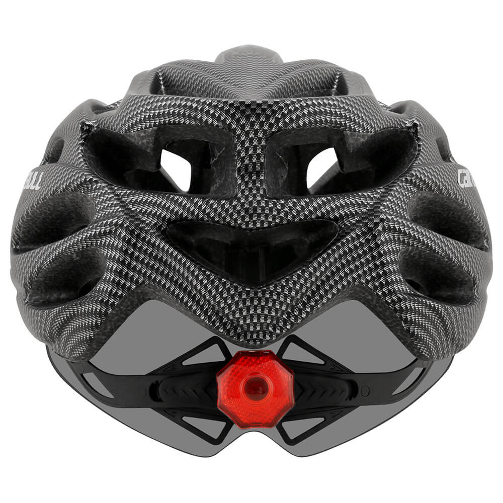 Sicherer ProGuard Fahrradhelm mit LED-Rücklicht und abnehmbarem Visier, ideal für Tages- und Nachtfahrten.