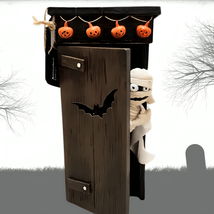 Realistische Kunststoff-Mumienfigur mit animierten Bewegungen und schaurigen Soundeffekten für Halloween Dekoration.
