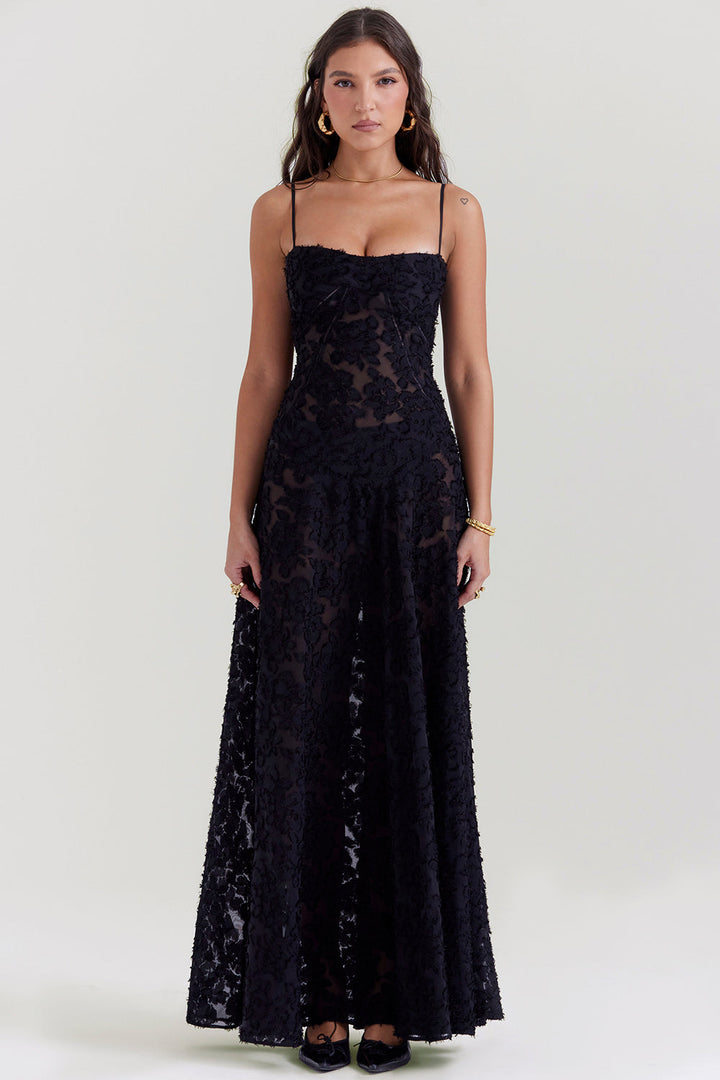 Detailliertes Damen Abendkleid mit Schnür-Korsett-Rücken und romantischen Blumen, ideal für festliche Partys.