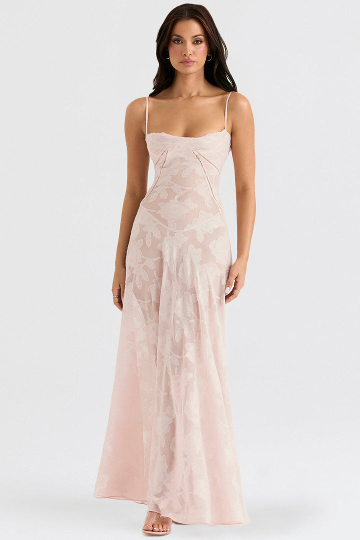 Elegantes Damen Partykleid mit Blumenmuster, Spaghettiträgern und Korsett-Rücken für einen romantischen Look.