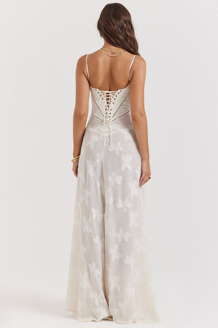 Damen Festkleid mit seitlichem Blumenmuster, Spaghettiträgern und femininer Silhouette, elegant & romantisch.