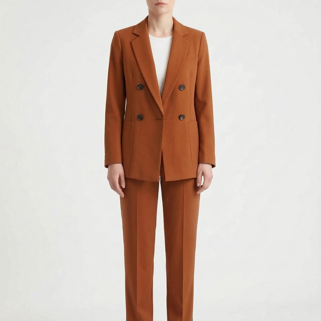 Professioneller Damen Hosenanzug, detailreiche Ansicht des Blazers und der Hose. Perfekt für einen selbstbewussten Auftritt.