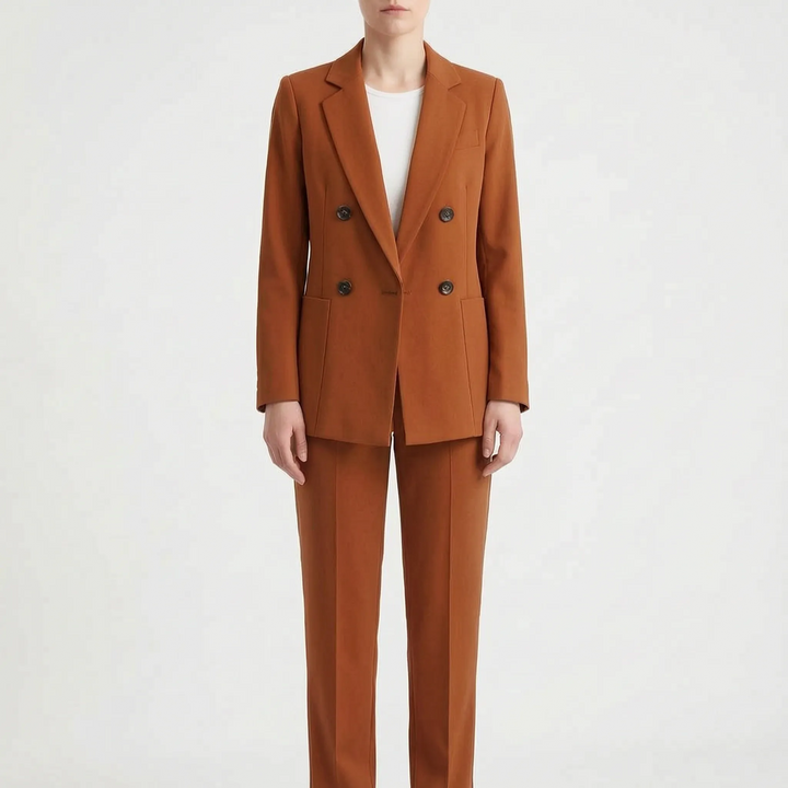 Professioneller Damen Hosenanzug, detailreiche Ansicht des Blazers und der Hose. Perfekt für einen selbstbewussten Auftritt.