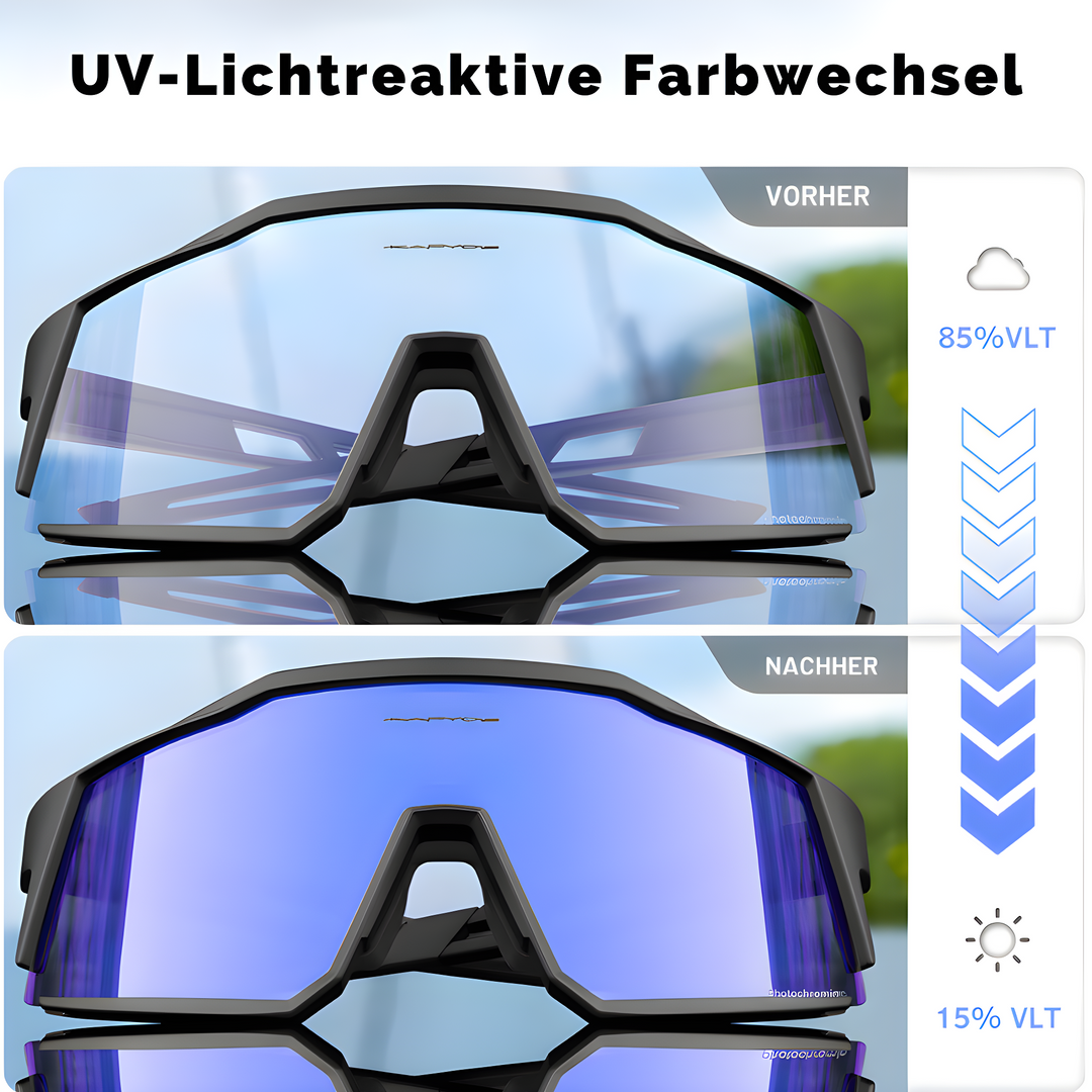 Robuste Outdoor-Sportbrille mit photochromen Gläsern & UV400-Schutz. Perfekt für Biking und andere Aktivitäten.