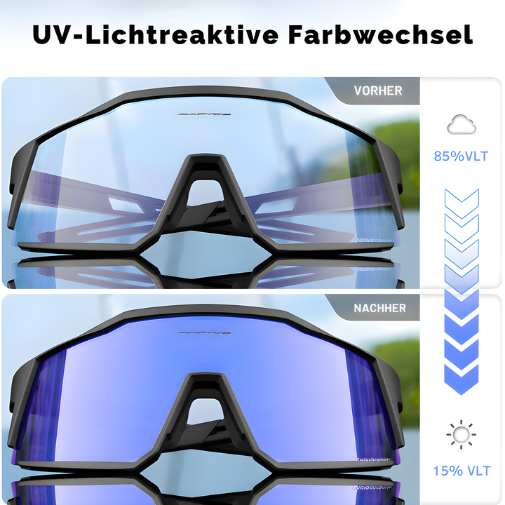 Robuste Outdoor-Sportbrille mit photochromen Gläsern & UV400-Schutz. Perfekt für Biking und andere Aktivitäten.