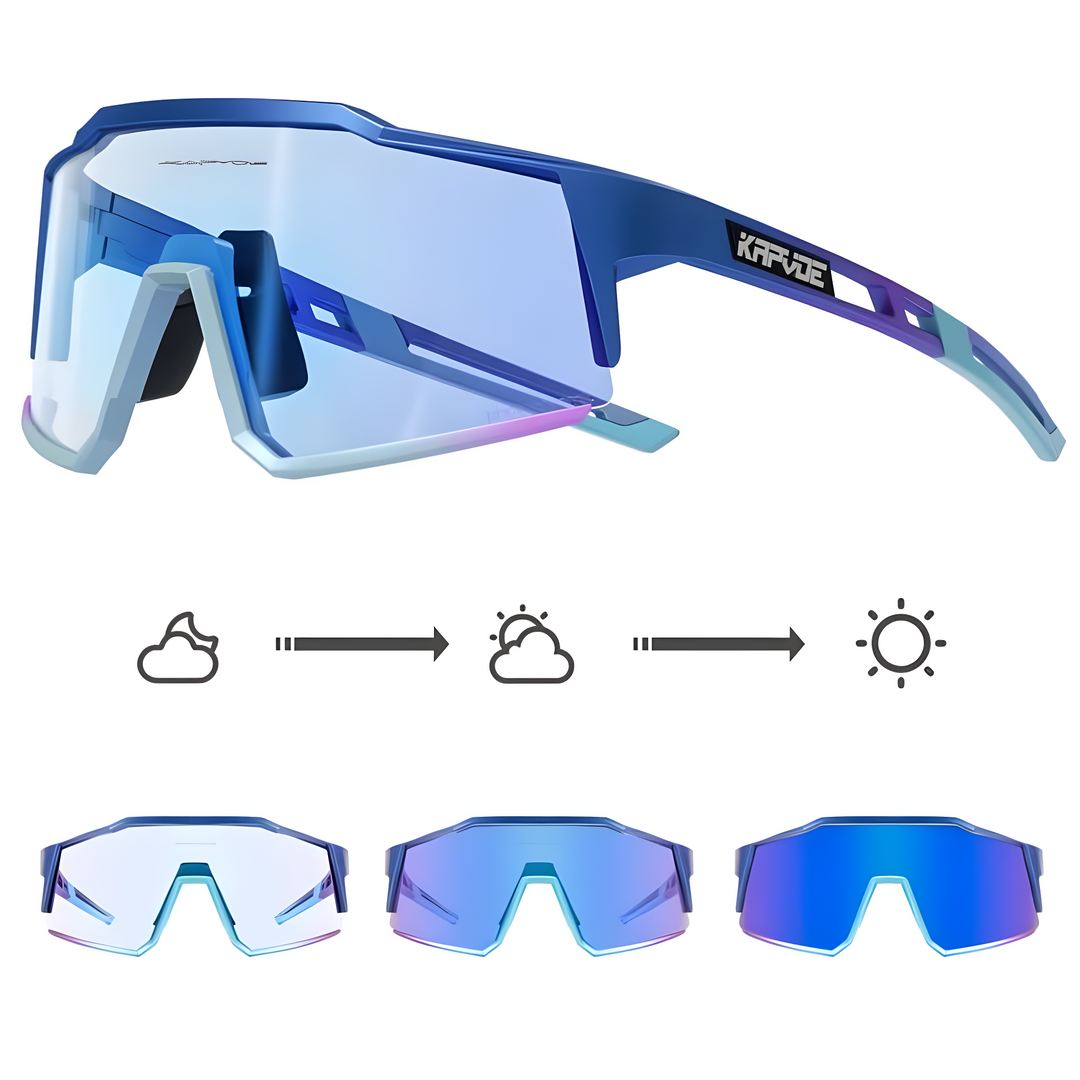 Hochleistungs-Fahrradbrille für Radsport mit photochromen Gläsern. Ultraleicht, UV400-Schutz & maximaler Komfort.