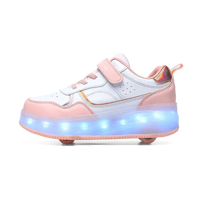 Kinder Orthopädische LED Rollschuhe in Rosa/Lila mit Blinklichtern. Ideal für sicheren Fahrspaß.