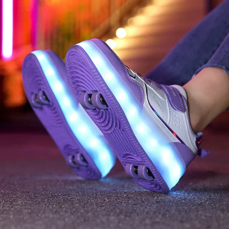Verstellbare Kinder Rollschuhe mit LED-Lichtern und sicherer Passform für wachsende Kinderfüße.