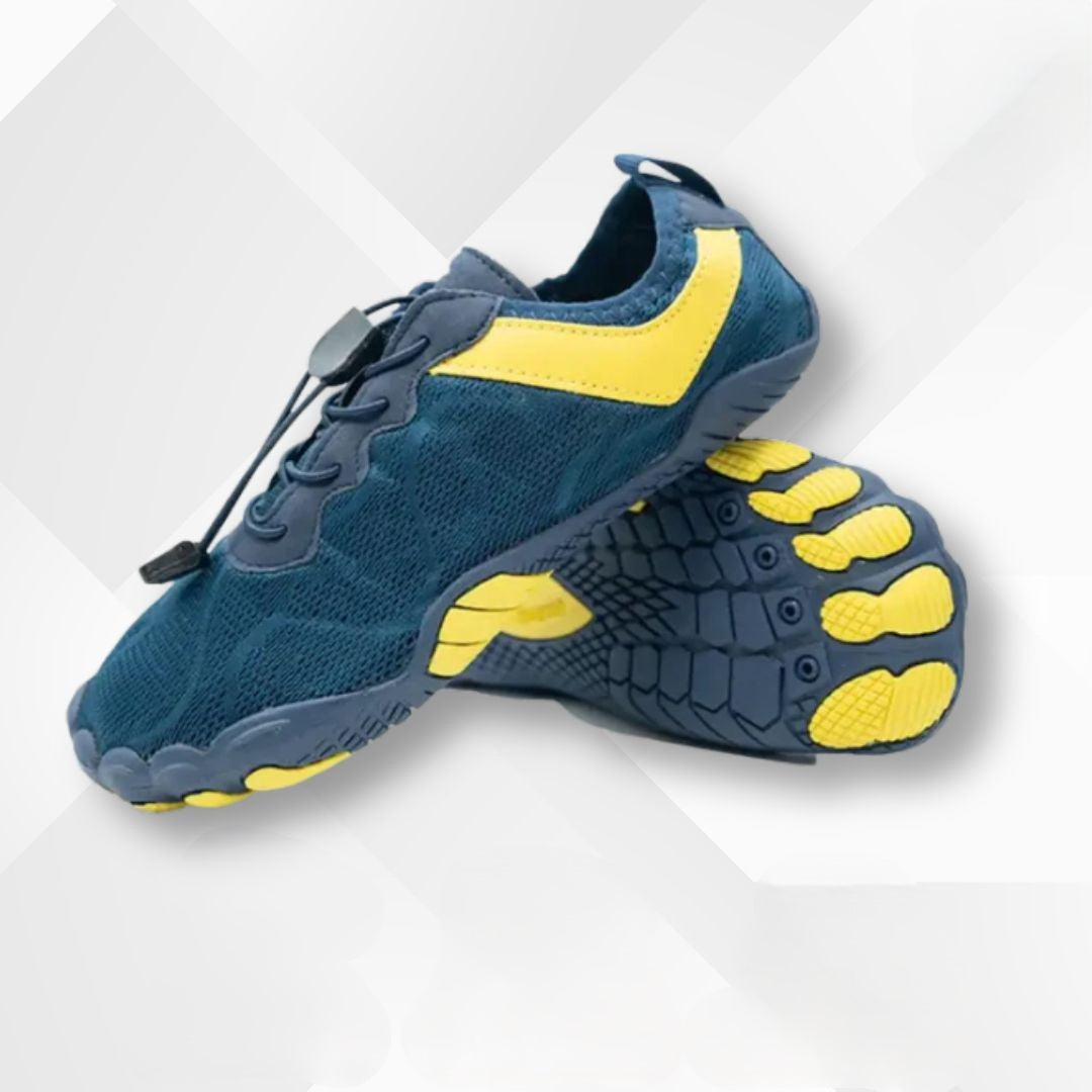 Wasserdichte Barfuß-Sneaker "Nayla" in der Nahaufnahme. Orthopädische Gesundheitsschuhe für natürliche Fußbewegung, Damen & Herren.