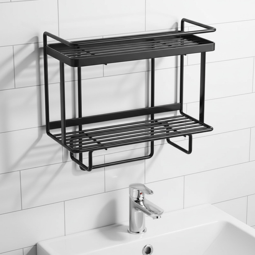 Schmiedeeisernes Wandregal LooShelf zur Badaufbewahrung ohne Bohren. Elegantes Toilettenregal Design.