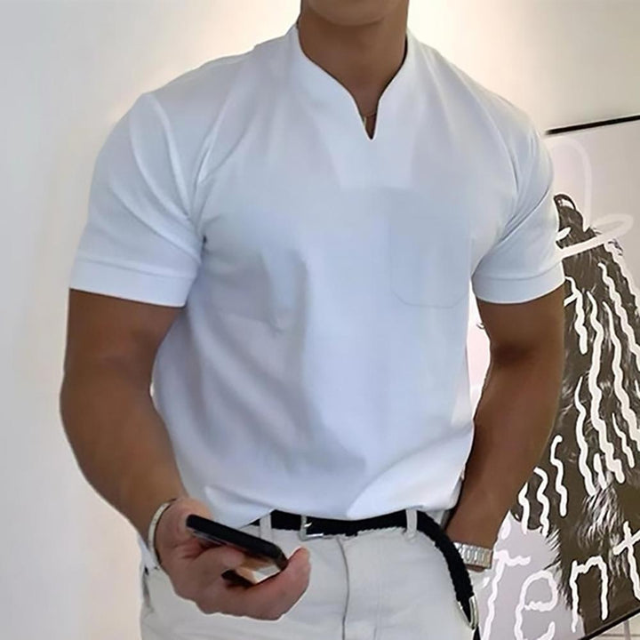 Modernes Herren Freizeithemd mit Stehkragen, Kurzarm, elegant für Business Casual & Freizeitlook.