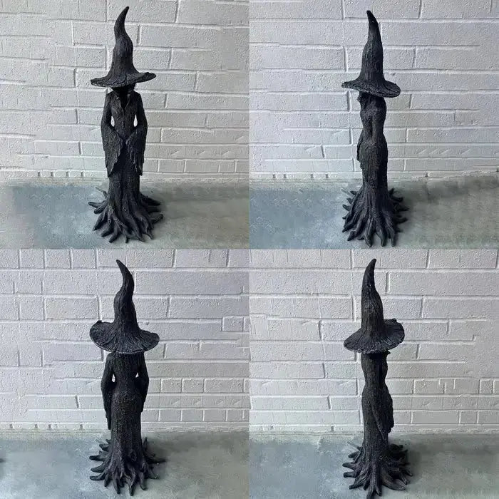 Künstlerische handgefertigte Gartenfigur Hexe aus wetterfestem Harz, langlebige Außendeko und charmanter Blickfang.