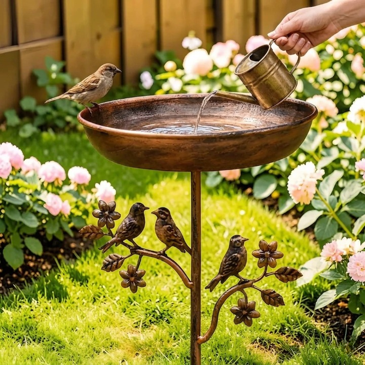 Dekorative Metall-Vogeltränke in edler Kupfer-Optik mit stabilem Erdspieß, wetterfest für Garten & Wildvögel.