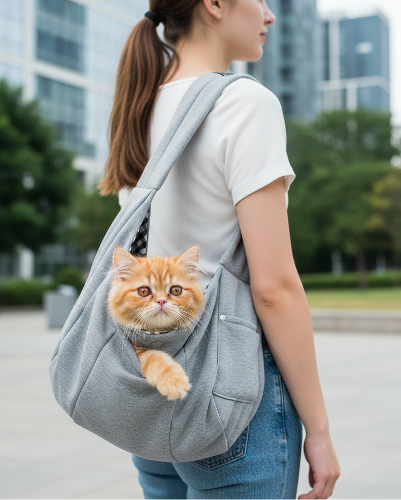 Robuste Hundeschultertasche in Grau, ideal für Welpen & kleine Hunderassen, sicherer Haustiertransport.