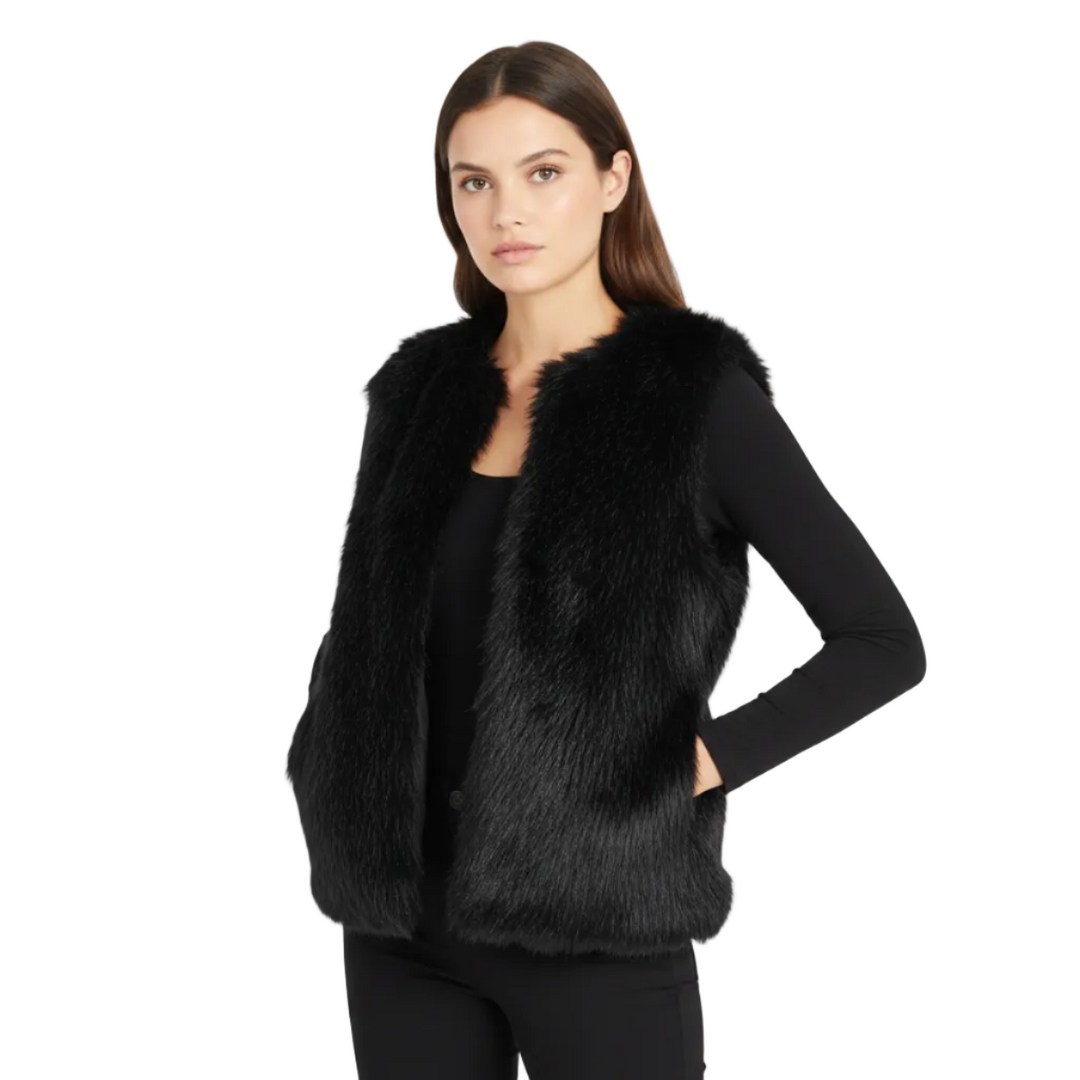 Elegante schwarze Damen Weste mit offener Front. Ärmellos & locker geschnitten für vielseitige Looks.