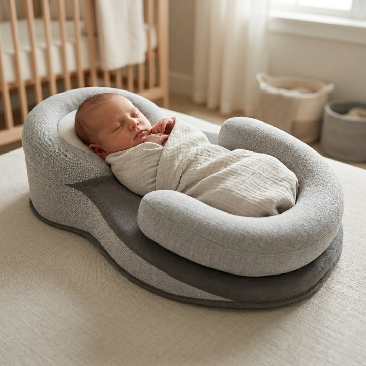 Ergonomisches Baby Lagerungskissen aus Baumwolle für sicheren & atmungsaktiven Schlaf des Neugeborenen im Babyzimmer.
