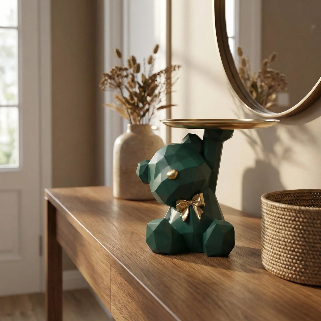 Dekorative Bärenfigur mit Schale für Schlüssel & Schmuck; modernes Wohnaccessoire für Flur & Büro.