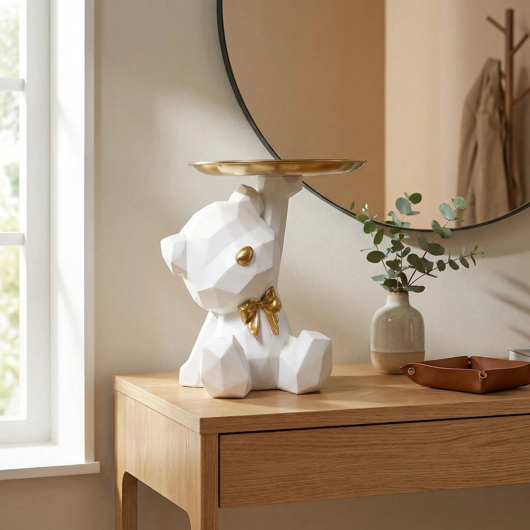 Geometrische Bärenfigur mit Tablett, moderne Dekoration & stilvolle Schlüssel-/Schmuckablage für Ihr Zuhause.