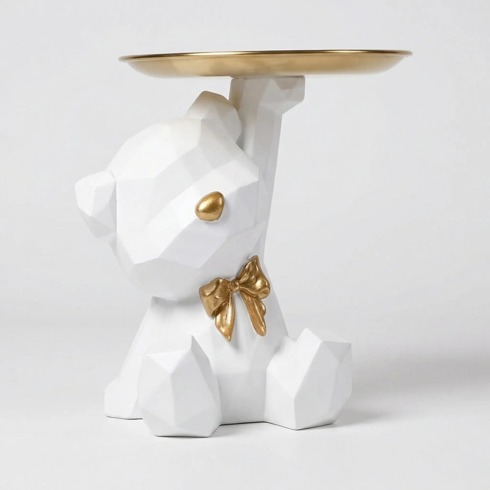 Stilvolle geometrische Bären-Skulptur mit Ablagetablett. Modernes Wohnaccessoire zur Aufbewahrung von Kleinigkeiten.