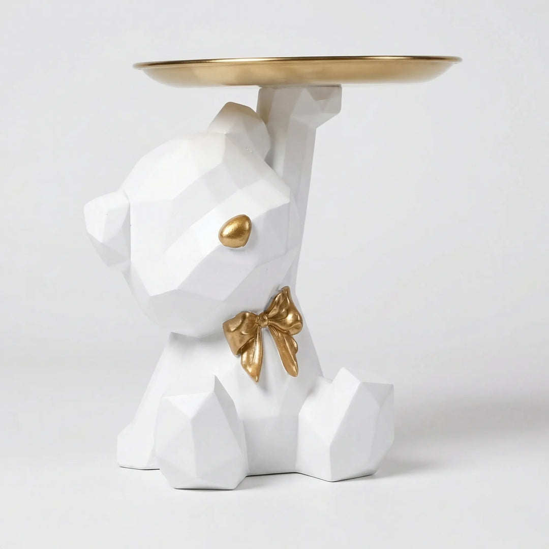 Stilvolle geometrische Bären-Skulptur mit Ablagetablett. Modernes Wohnaccessoire zur Aufbewahrung von Kleinigkeiten.