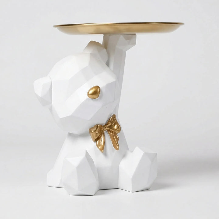 Stilvolle geometrische Bären-Skulptur mit Ablagetablett. Modernes Wohnaccessoire zur Aufbewahrung von Kleinigkeiten.