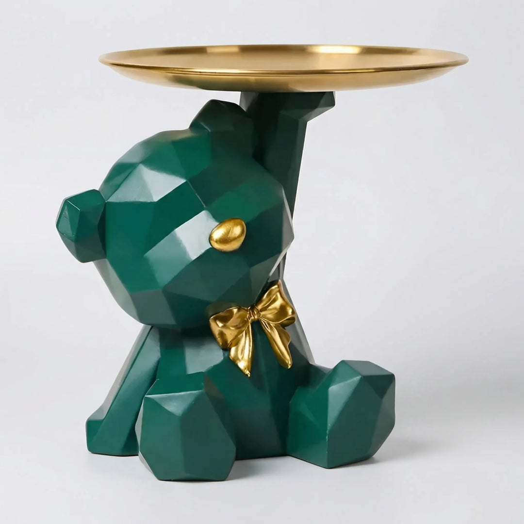 Weiße geometrische Bärenskulptur mit Tablett, stilvolle Ablage für Schlüssel, Schmuck oder Büroartikel.