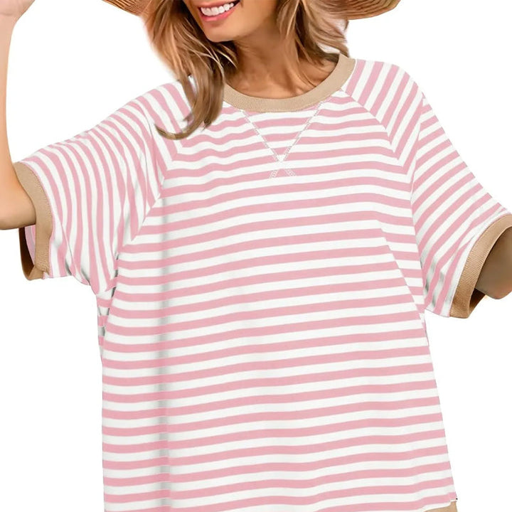 Damen Kurzarm T-Shirt, gestreiftes Colorblock-Design im Oversized Retro-Look. Bequem für Freizeit & Frühjahr.