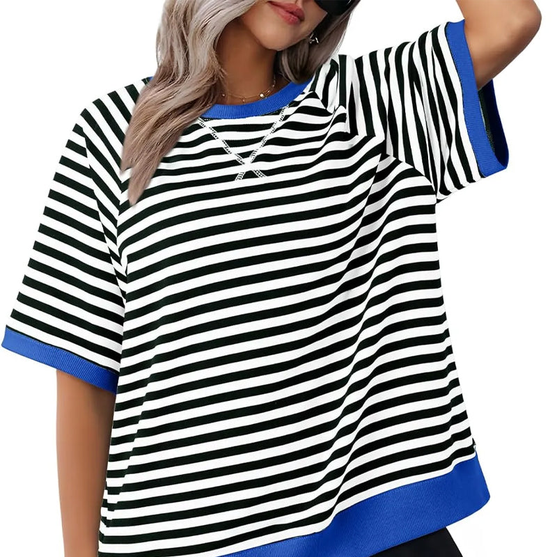 Damen Oversized T-Shirt gestreift, lässiger Retro-Look für Freizeit & Street Style. Bequemes Rundhals-Kurzarmshirt.