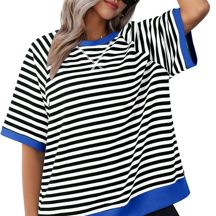 Damen Oversized T-Shirt gestreift, lässiger Retro-Look für Freizeit & Street Style. Bequemes Rundhals-Kurzarmshirt.