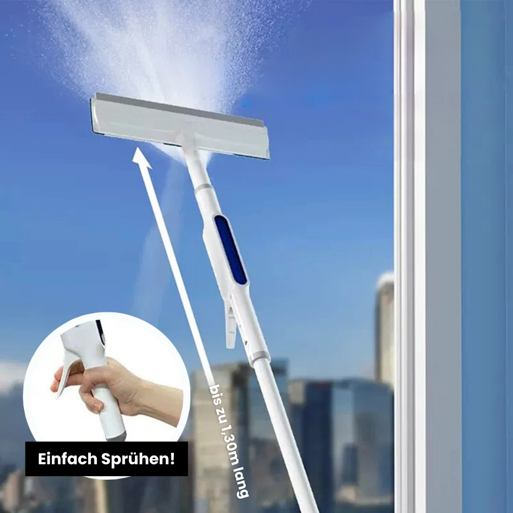 Innovativer 3-in-1 Fensterwischer mit integrierter Sprühfunktion und Teleskopstiel für saubere Glasflächen.