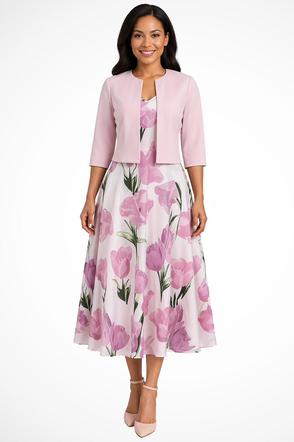 Elegantes Damen Maxikleid rosa mit Blumenmuster und passender Kurzjacke, ideal für Hochzeitsgäste.
