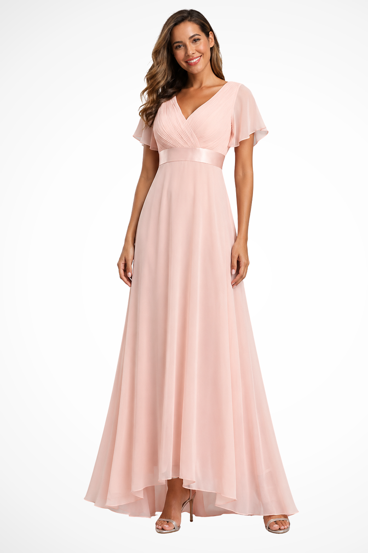Damen Maxikleid für Sommerhochzeiten & Galas, elegantes Design mit V-Ausschnitt und zarten Flatterärmeln.