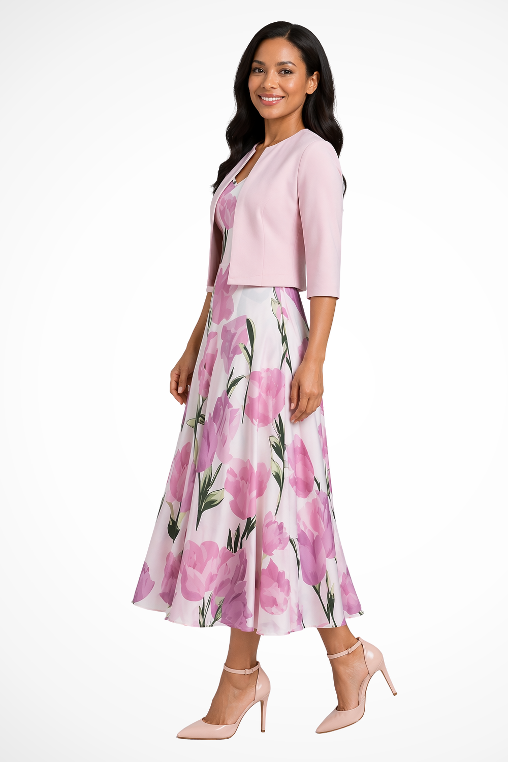 Festlicher Zweiteiler: Blumen Maxikleid rosa für Damen mit Kurzjacke, perfekt für Abendmode & Sommer.